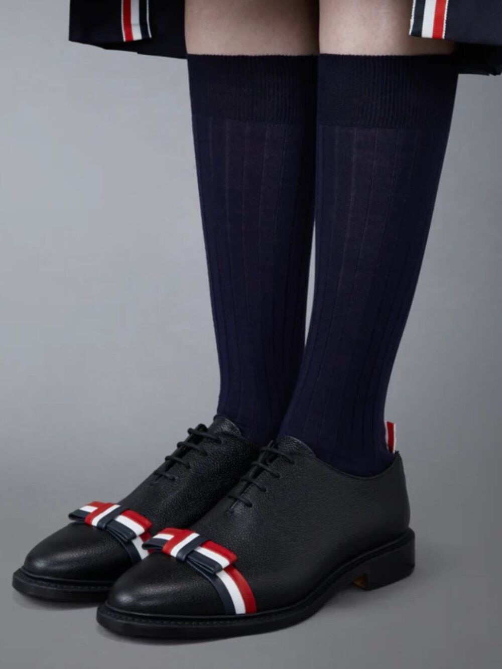 Thom Browne Black Leather Lace-Up Flats with Red, White & Blue Ribbon - Picture 7 of 7